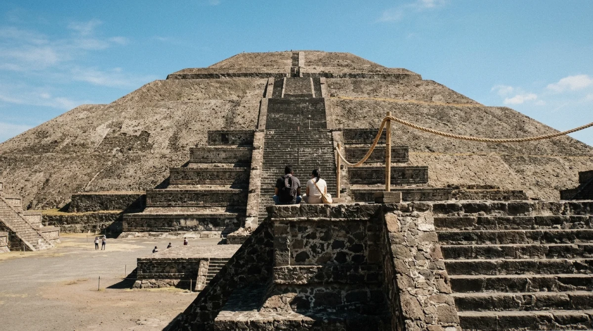 Visitors climbing the reopened first section of the Pyramid of the Moon staircase on a Teotihuacan pyramids tour