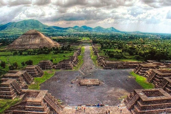 The stepped platforms of the Pyramid of the Moon seen from the Avenue of the Dead on a Teotihuacan pyramids tour